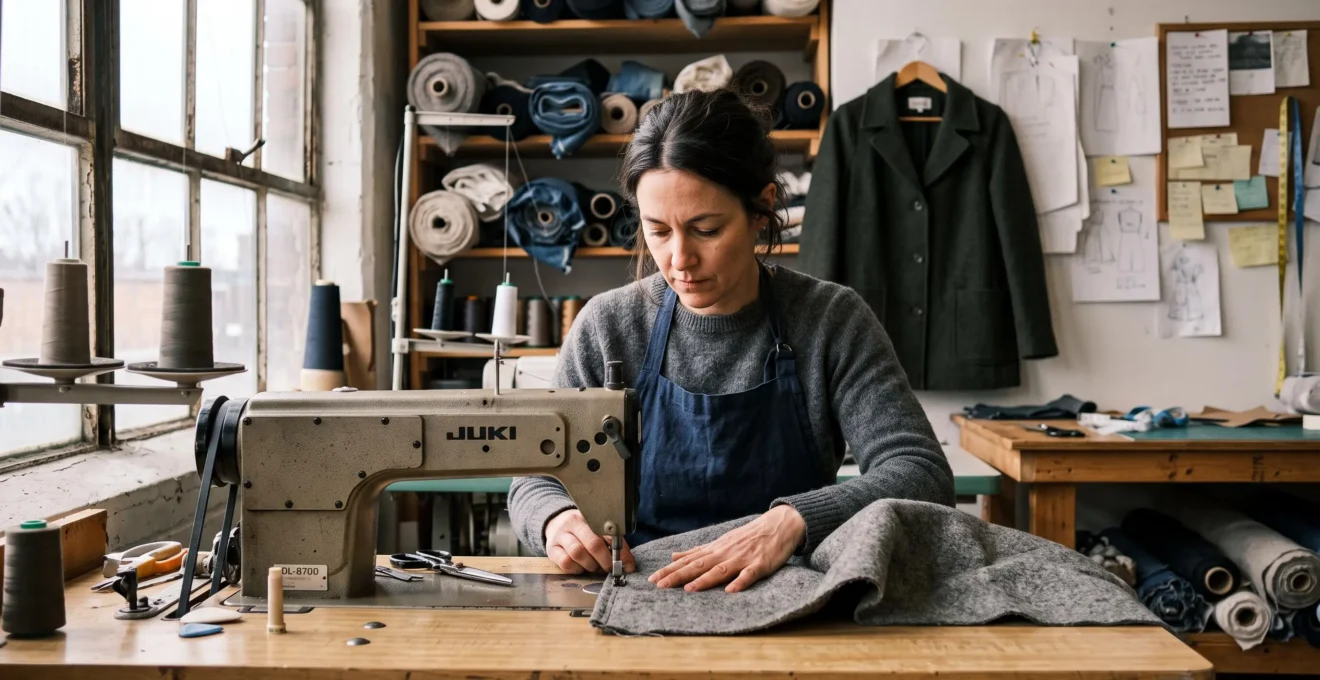 Une artisane coud un vêtement en laine sur une machine à coudre industrielle dans un petit atelier de confection canadien.