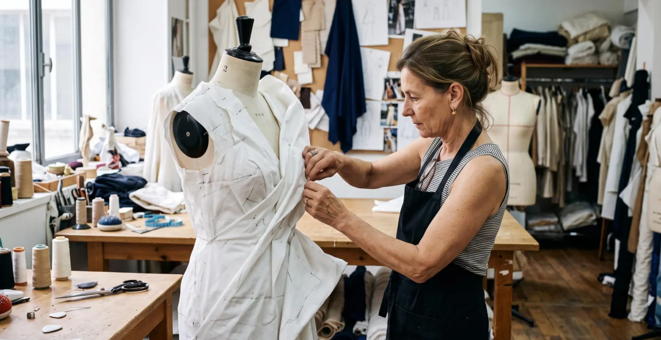 Une couturière ajuste à la main un prototype en toile blanche sur un mannequin de couture dans un atelier baigné de lumière naturelle.