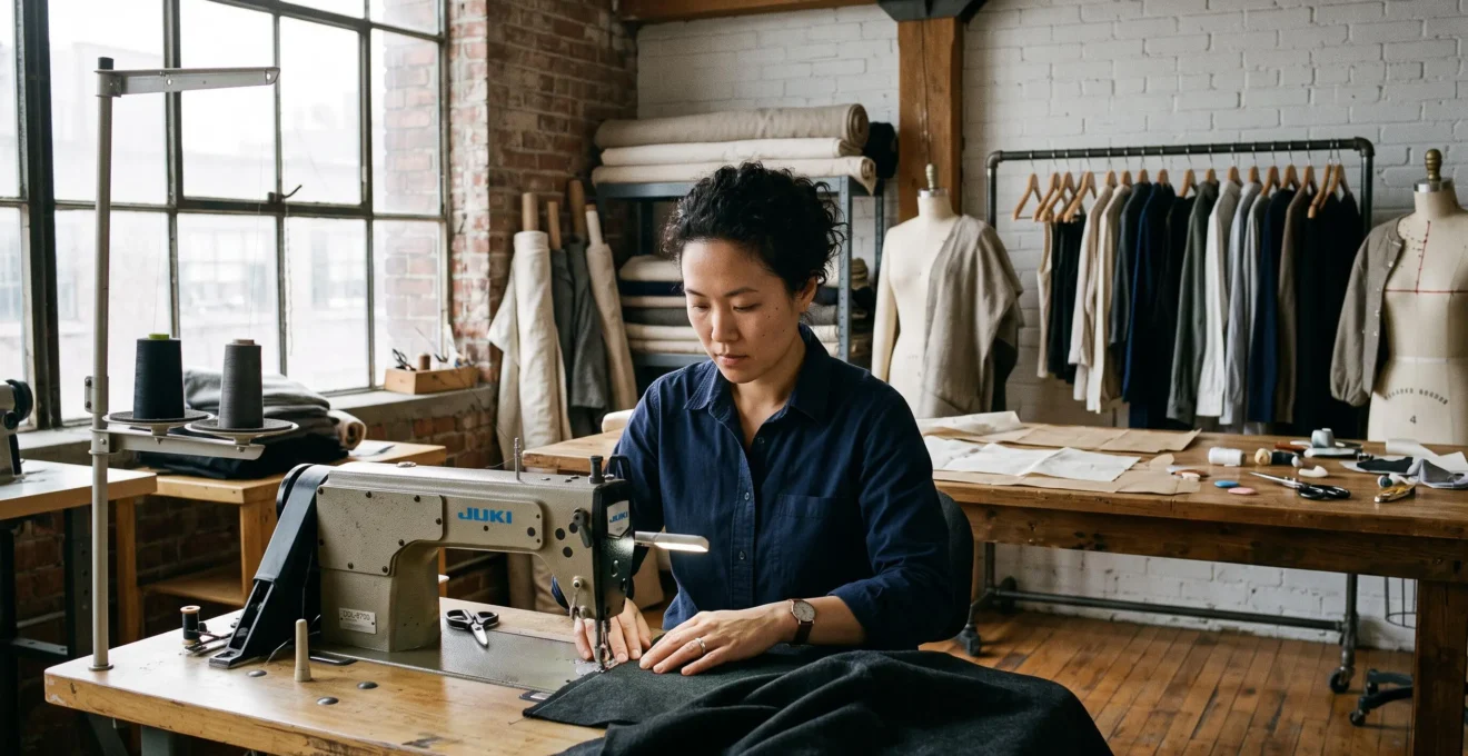Une jeune créatrice de mode travaille à la machine à coudre dans son petit atelier, entourée de quelques vêtements finis et de rouleaux de tissu.