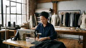 Une jeune créatrice de mode travaille à la machine à coudre dans son petit atelier, entourée de quelques vêtements finis et de rouleaux de tissu.
