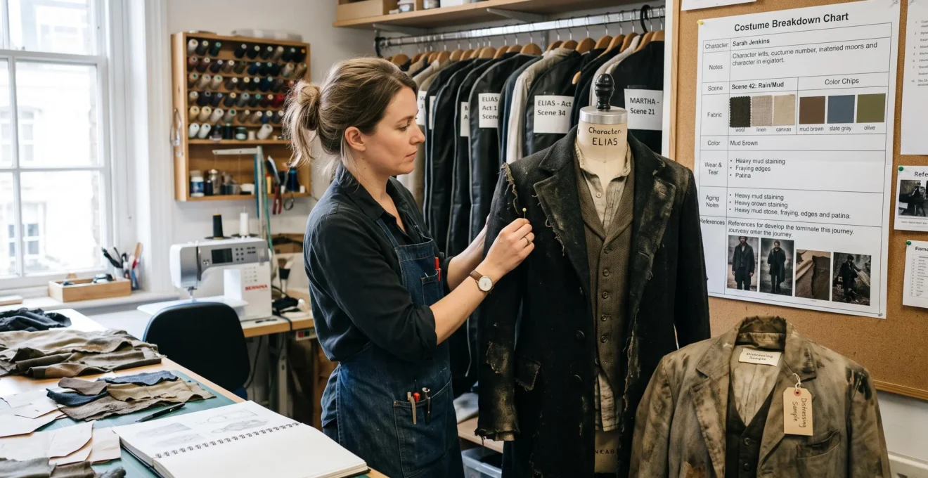 Une costumière ajuste à l'épingle un manteau sur un mannequin de couture dans un atelier de costumes, entourée d'échantillons de tissus et de notes de patine.