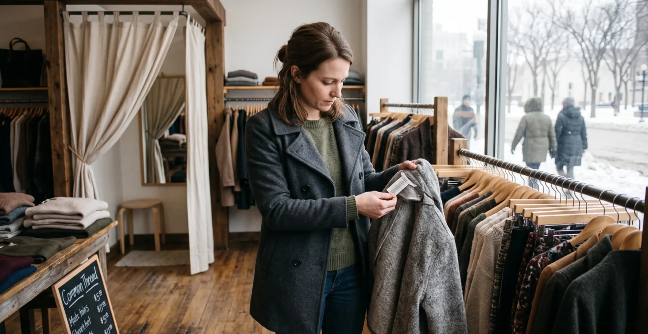 Une cliente examine l'étiquette intérieure et les coutures d'un vêtement dans une boutique de mode indépendante en hiver.