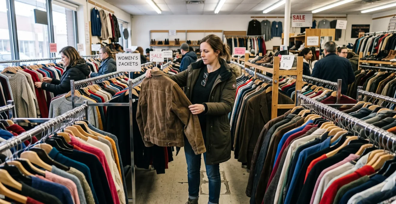 Une cliente examine un vêtement de près dans l'allée d'une friperie canadienne