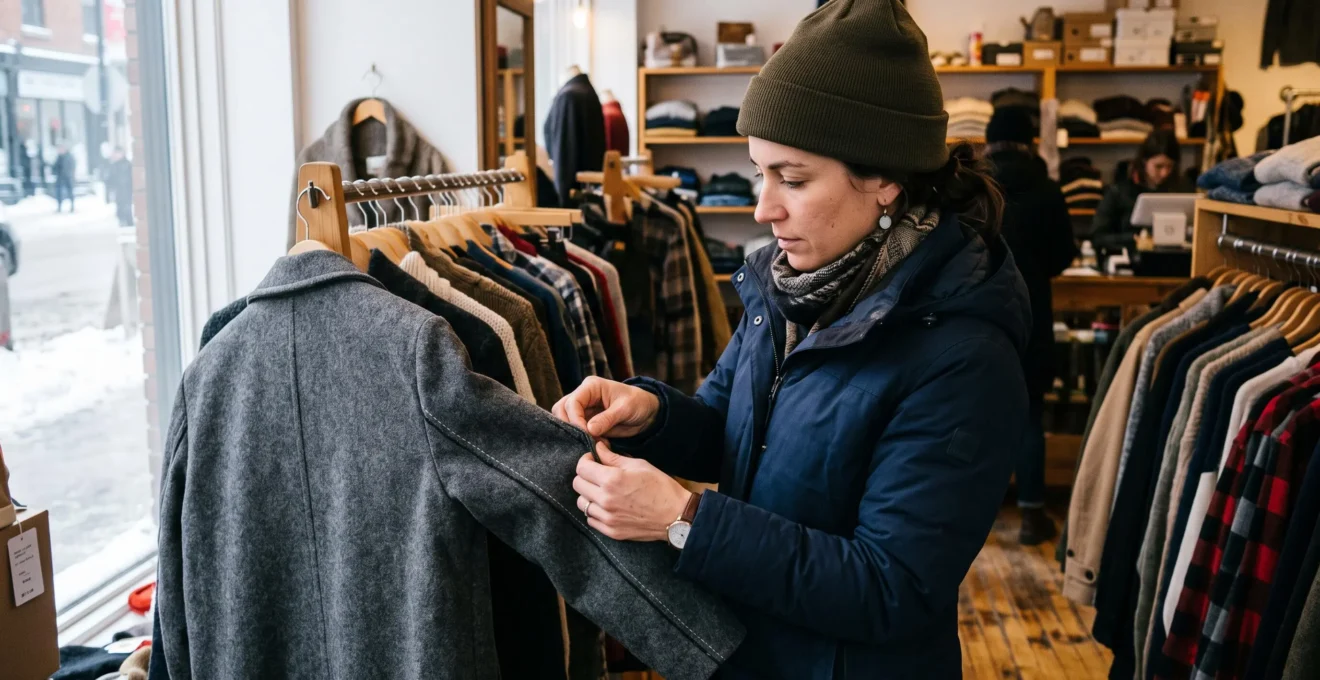 Une cliente examine la couture d'un manteau dans une boutique de vêtements au Canada.
