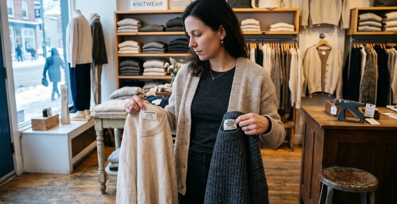 Une femme compare la texture et le poids d'un pull en laine et d'un vêtement en lin dans une boutique de vêtements canadienne en hiver.