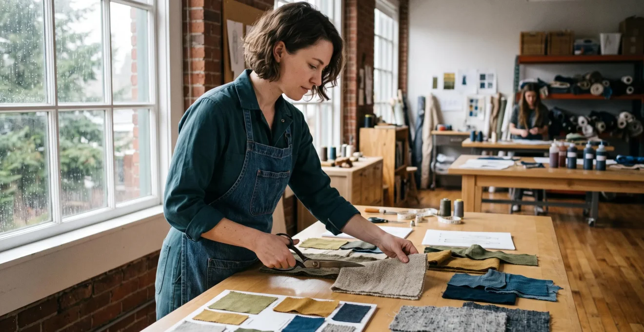 Concepteur de mode examinant des échantillons de tissu dans son atelier canadien.