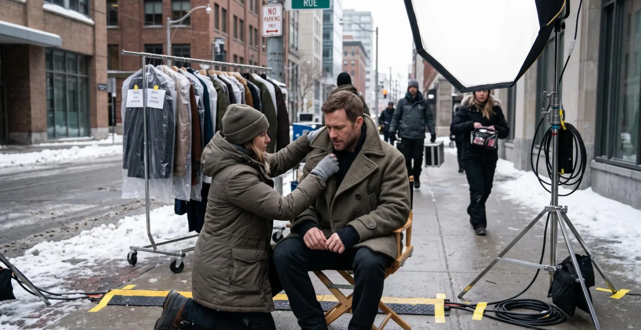 Une costumière ajuste le col d'un grand manteau de laine sur un acteur assis sur un plateau de tournage en pleine rue canadienne.