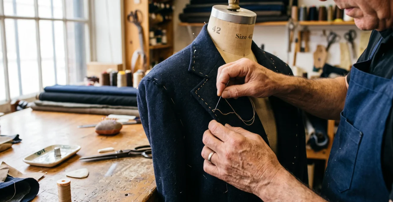 Mains d'une couturière réalisant des points à la main sur le col d'une veste en laine dans un atelier canadien.
