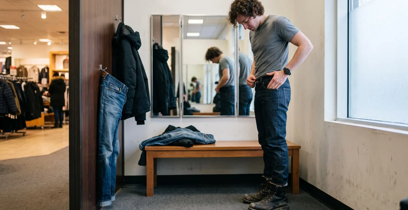 Une personne essaie un jean en cabine d'essayage, vérifie la taille et enfile ses bottes d'hiver pour juger la longueur.