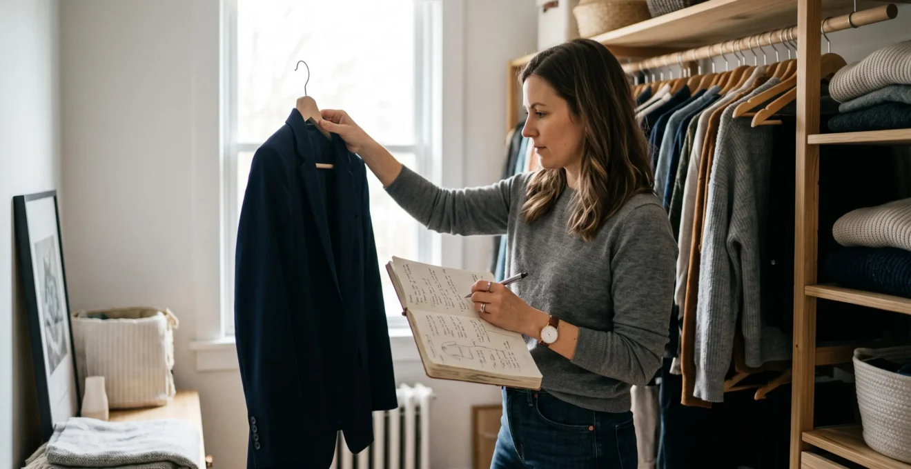 Une personne fait l'inventaire de ses vêtements dans son dressing pour identifier ses basiques portés.