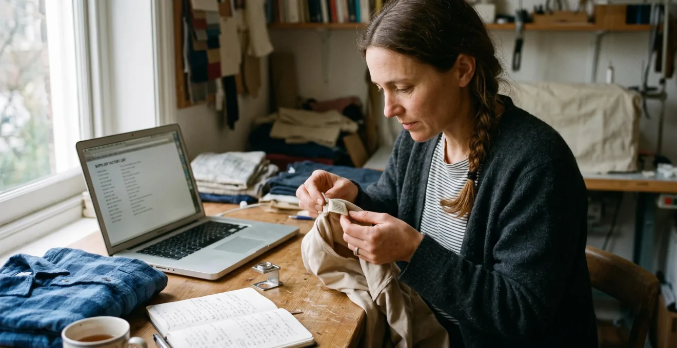 Une personne examine l'étiquette de fabrication cousue à l'intérieur d'un vêtement, un ordinateur ouvert affichant une liste d'usines posé à côté sur la table.
