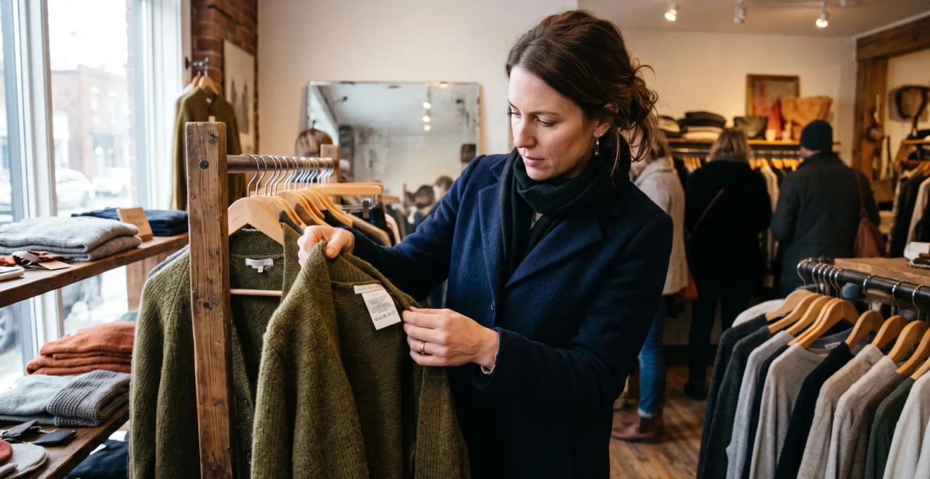 Une femme examine l'étiquette intérieure d'un vêtement dans une boutique de vêtements avant de l'acheter.