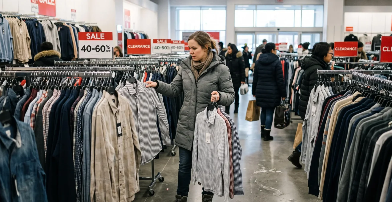 Une femme hésite entre plusieurs chemins accrochés à des cintres au milieu d'un rayon dense dans un magasin de vêtements.