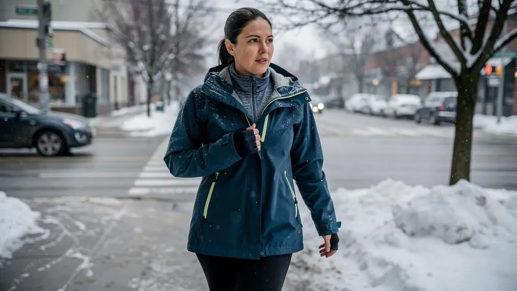 Une femme marche sur un trottoir enneigé d'une ville canadienne, vêtue d'un système de couches techniques, la vapeur de son souffle visible dans l'air froid.