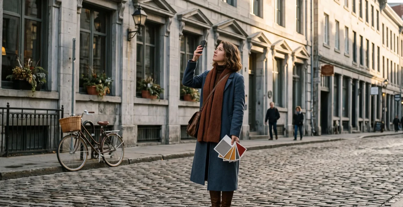 Une femme photographie une façade en pierre d'un quartier historique de Montréal tout en tenant des échantillons de couleurs de tissu.