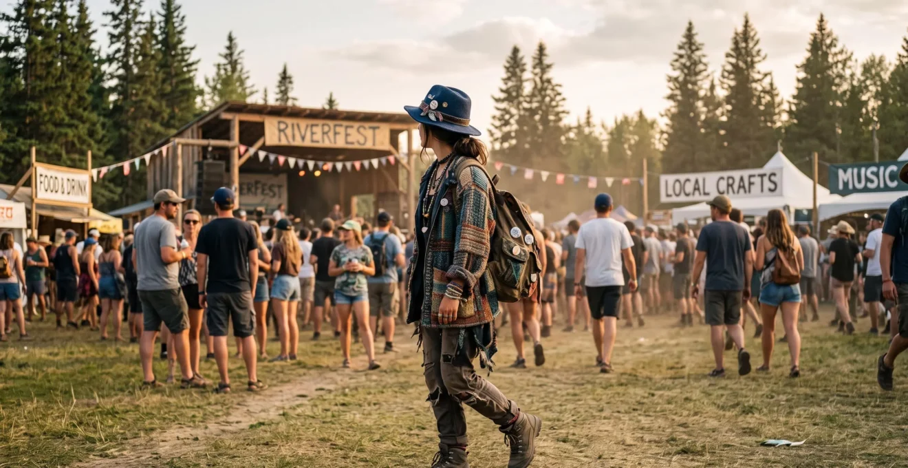 Une festivalière portant un chapeau de feutre structuré, une veste texturée et des bijoux artisanaux marche parmi la foule d'un petit festival indépendant installé dans un champ canadien.