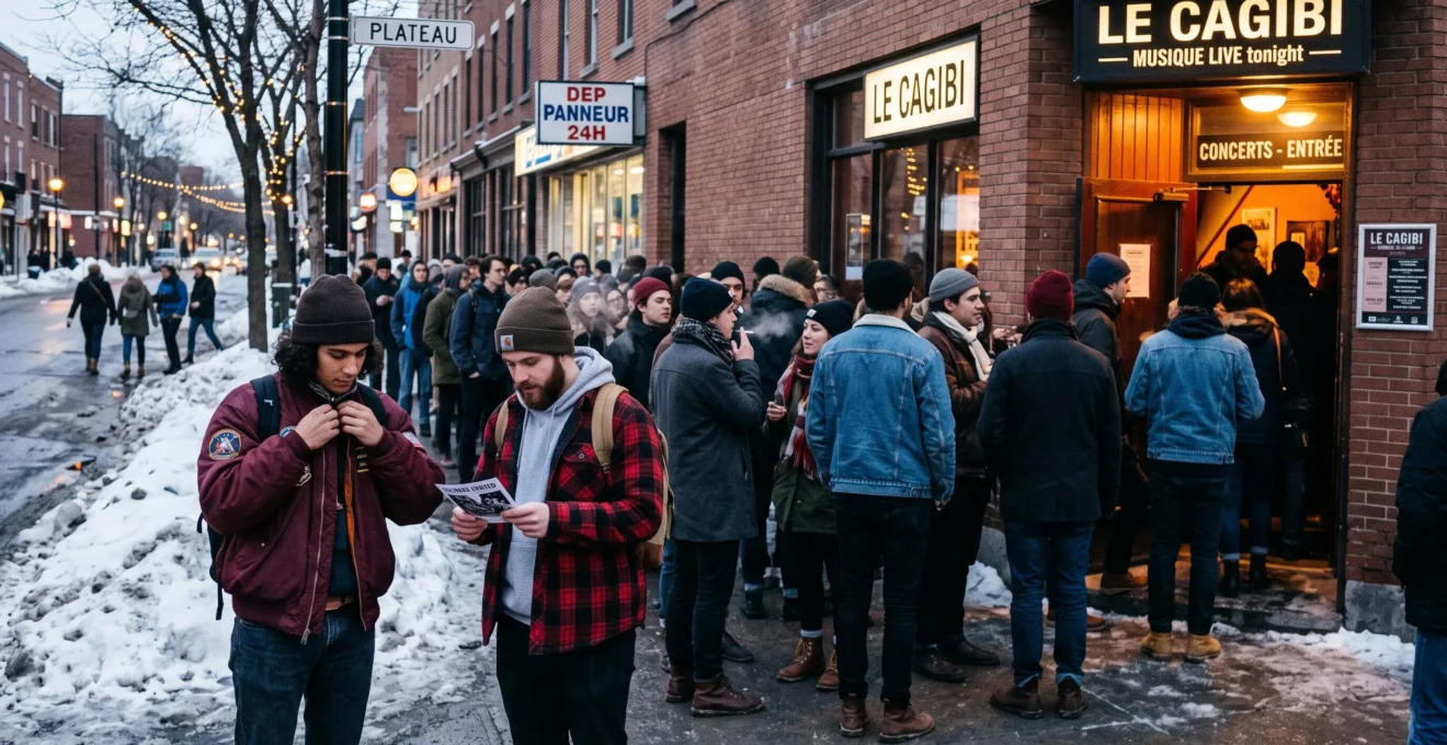 Fouille devant une petite salle de concert montréalaise l'hiver, portant manteaux, tuques et vestes superposées mêlant streetwear et vintages.