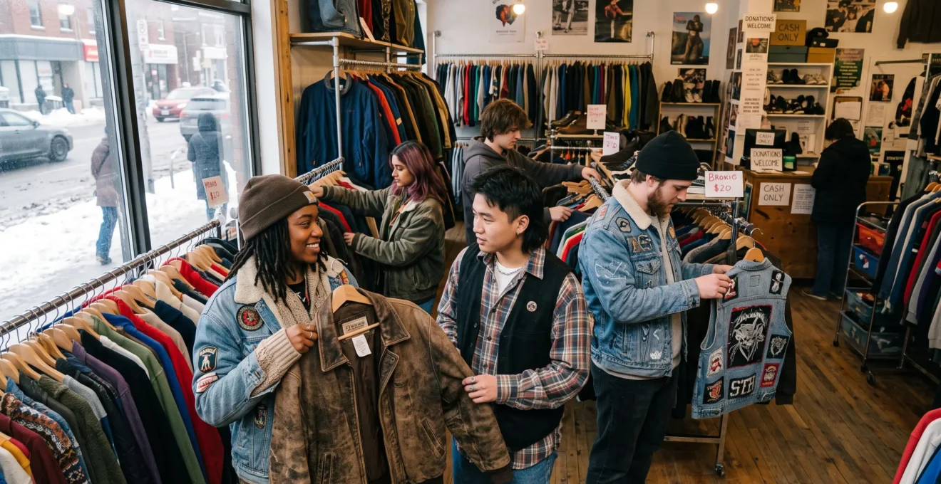 Un groupe de jeunes adultes aux styles alternatifs variés fouille des rangées de vêtements de seconde main dans une friperie, l'un d'eux présentant une veste en cuir usée à un ami.