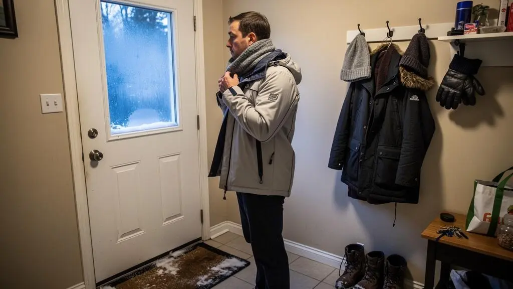 Une personne enfile une écharpe et un manteau léger superposé à d'autres couches de vêtements dans une entrée d'appartement en hiver.