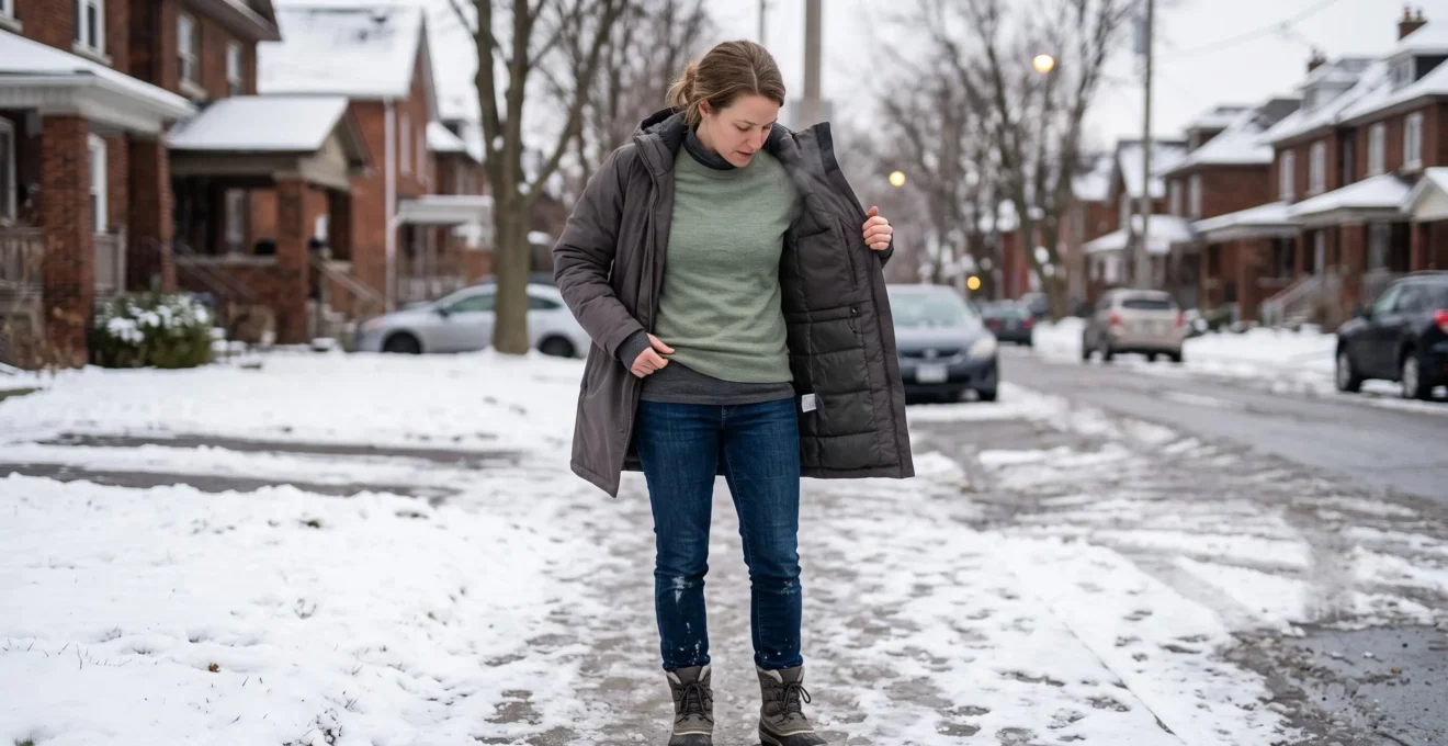 Une personne ajuste ses couches superposées, col roulé, chandail fin et parka ouverte, sur un trottoir enneigé d'une ville canadienne en hiver.