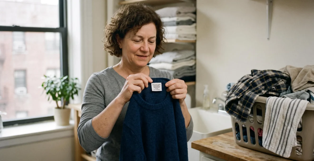Une personne retourne un vêtement pour lire l'étiquette intérieure indiquant la composition des fibres et le lieu de transformation.