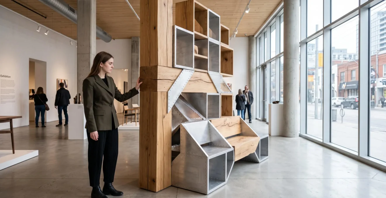 Une créatrice de mode analyse une sculpture de mobilier innovante dans une galerie de design moderne au Canada.