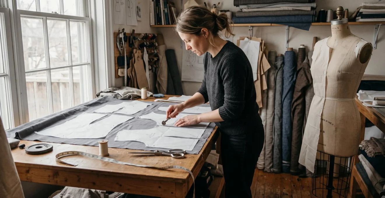 Une modéliste transfère des pièces de patron sur le tissu dans un atelier de couture éclairé par la lumière du jour.