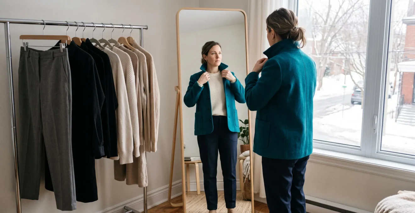 Une femme ajuste une veste colorée devant un miroir, portée sur des basiques neutres, près d'un portant de vêtements sobres dans une chambre baignée de lumière hivernale.