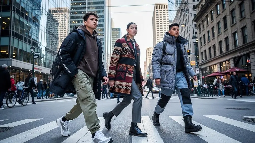 Une scène de rue animée montrant la diversité des styles de mode canadiens, mêlant influences culturelles et styles variés.