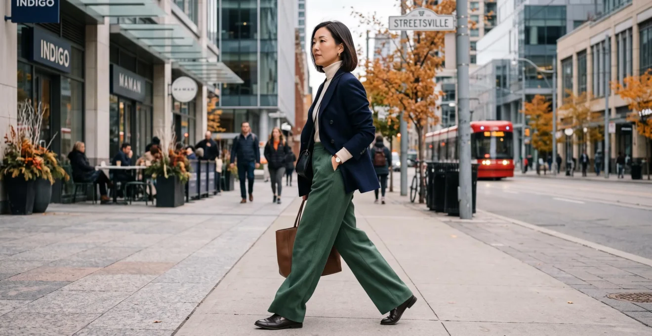 Femme élégante portant un blazer structuré et fluide dans une rue canadienne contemporaine.