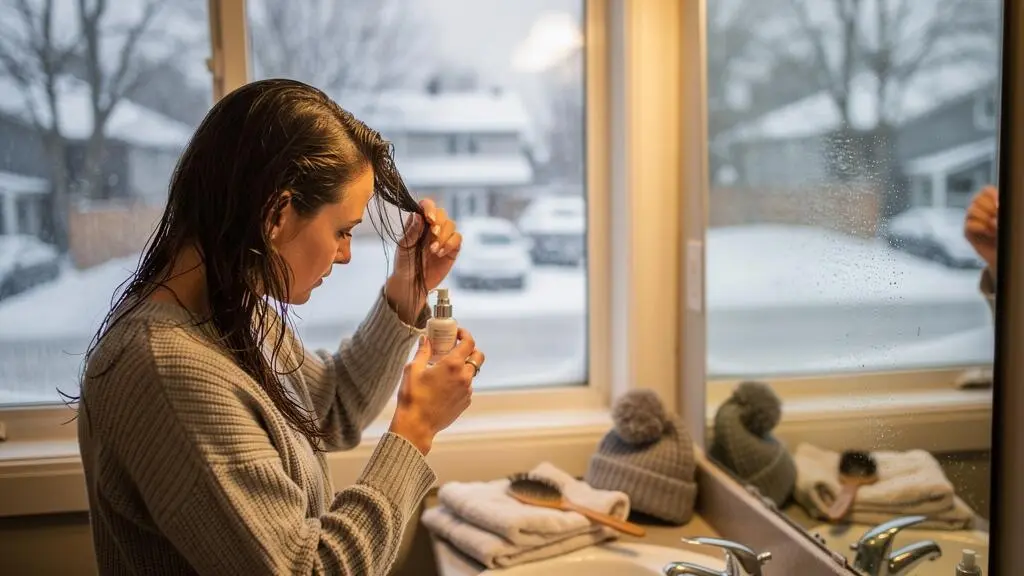 Une femme applique un soin sans rinçage sur ses longueurs devant un miroir de salle de bain, avec une rue enneigée visible par la fenêtre.