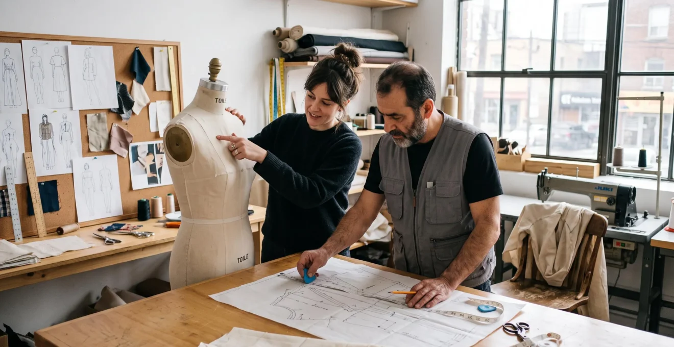 Une designer et un patronnier échangent autour d'une toile en cours dans un studio de création de mode, entre croquis, patron papier et prototype.