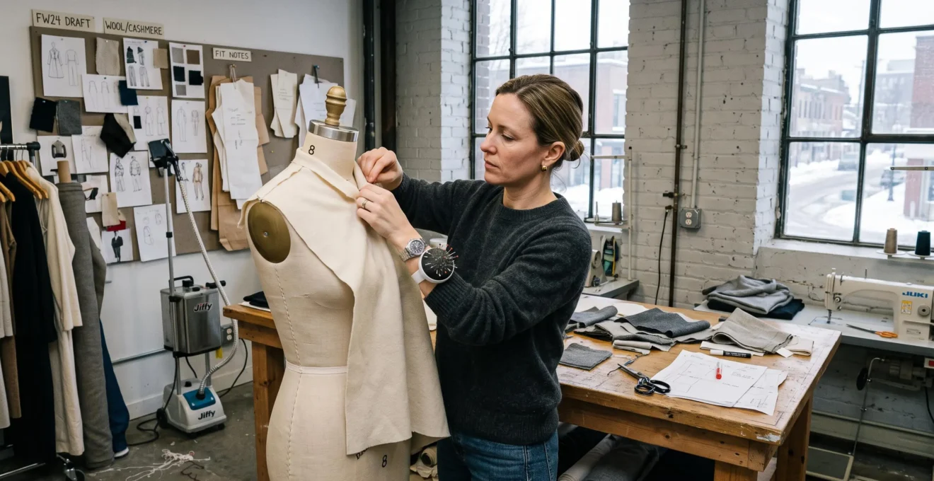 Une modéliste ajuste un prototype de vêtement sur un mannequin de couture dans un atelier de studio de mode lumineux.