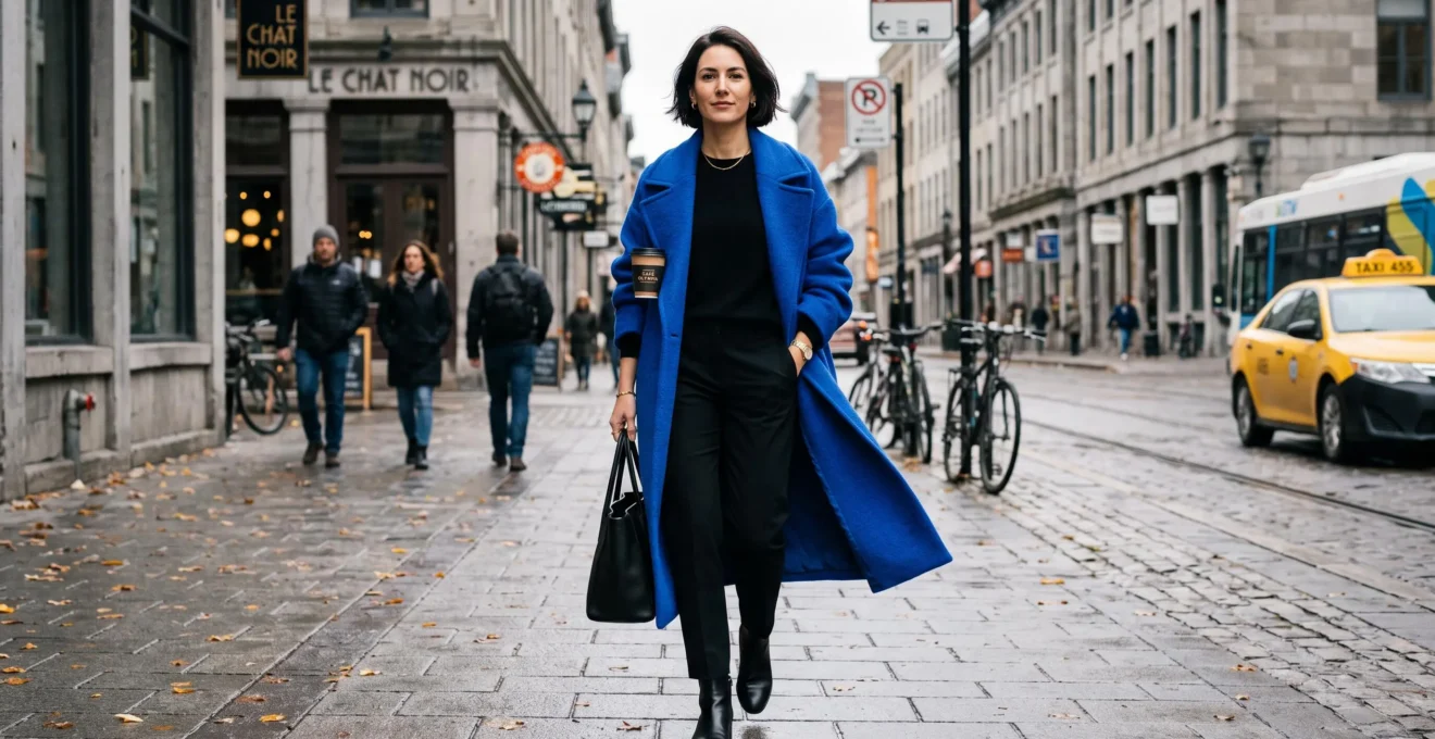 Une femme porte un manteau audacieux sur une tenue neutre simple dans une rue canadienne, créant un point focal maîtrisé.