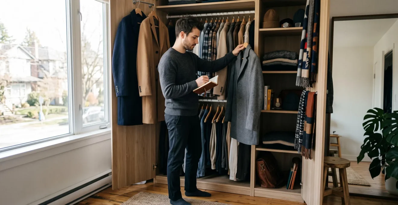 Un homme examine méticuleusement une garde-robe organisée pour définir la cohérence de son style.