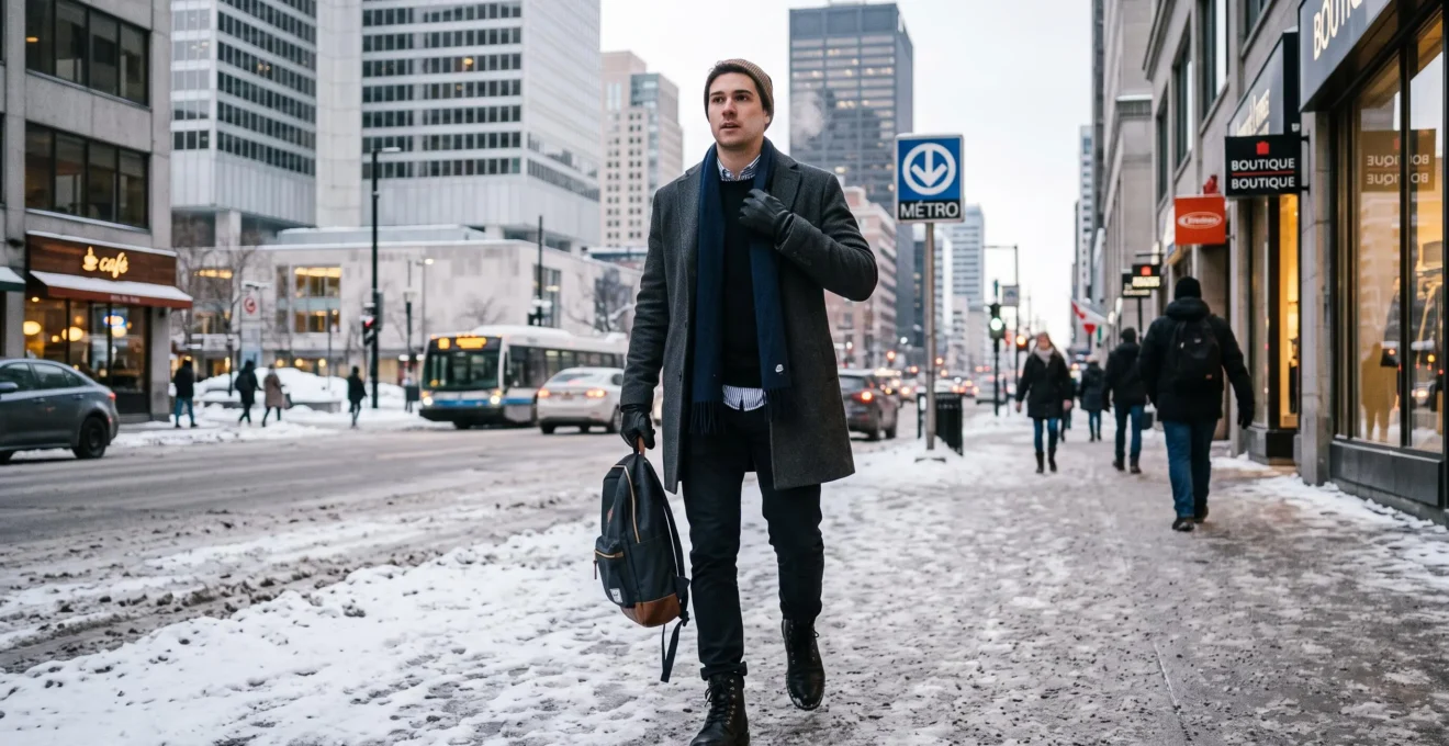 Une personne marche sur un trottoir enneigé du centre-ville de Montréal, vêtue d'un manteau de laine neutre, d'une écharpe et de bottes de cuir traité.