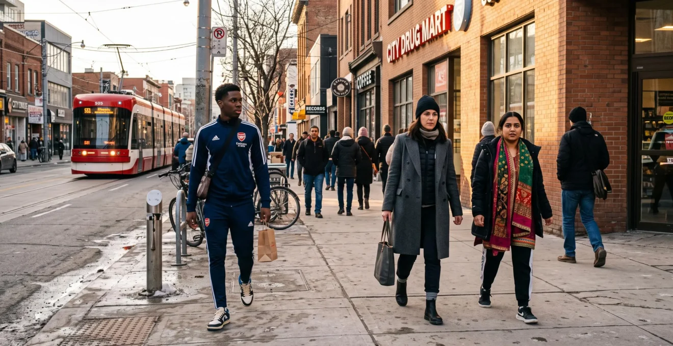 Passants aux styles vestimentaires très différents se croisant sur un trottoir animé du centre-ville de Toronto en fin de journée.