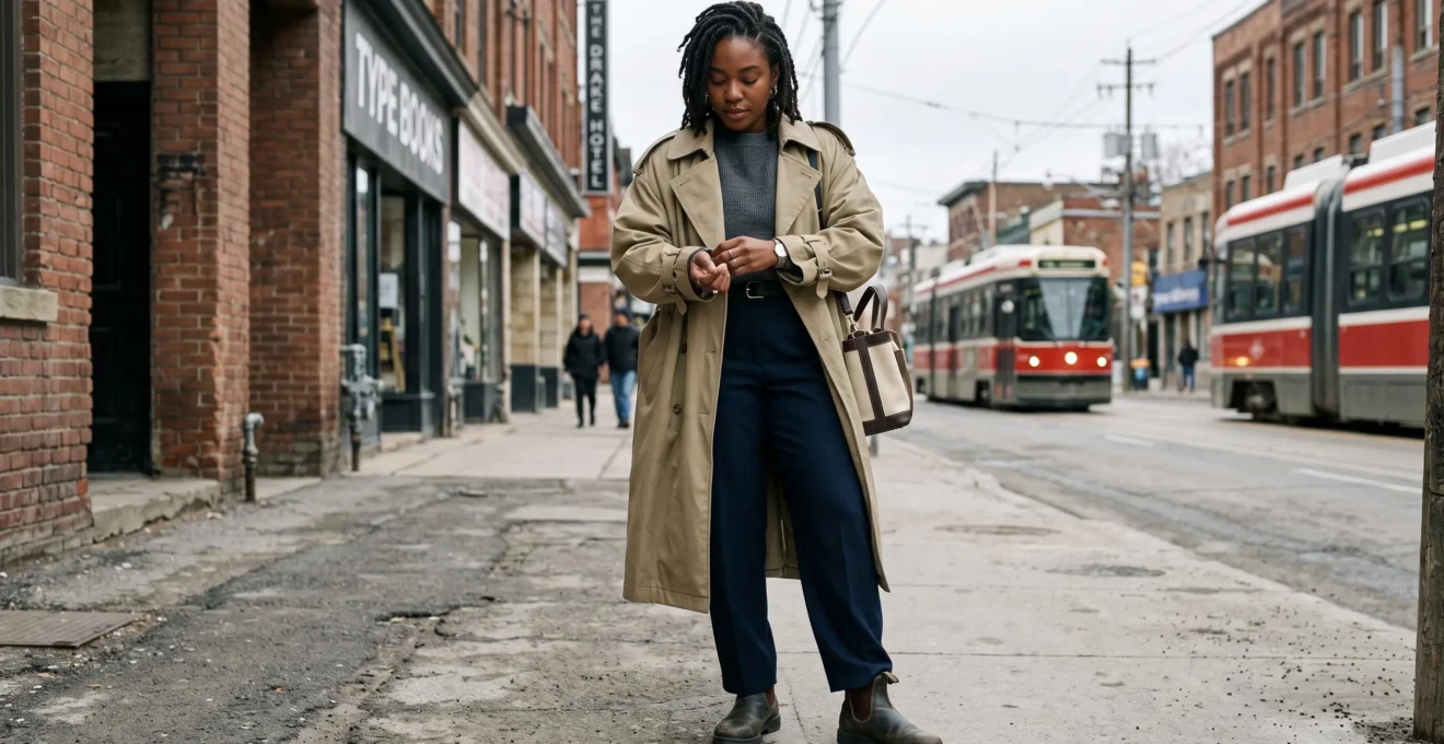 Une personne vêtue d'une tenue superposée et fonctionnelle dans un environnement urbain moderne au Canada.