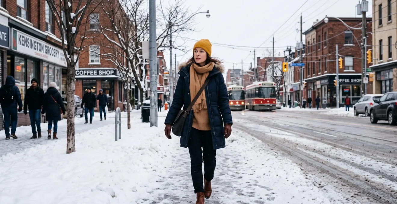 Une femme marche sur un trottoir enneigé d'une ville canadienne en hiver, vêtue d'un parka bleu marine, d'une écharpe camel et d'un bonnet jaune moutarde.
