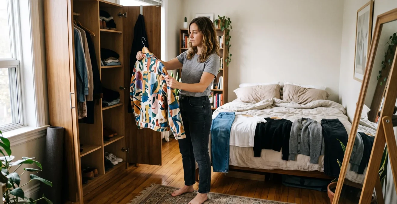 Une femme examine une veste à imprimé marqué devant sa penderie ouverte, où cinq vêtements basiques neutres sont disposés sur le lit pour tester des combinaisons de tenues.