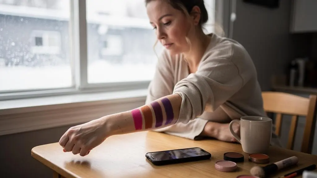 Une femme compare des touches de fards à paupières vifs appliqués sur son avant-bras près d'une fenêtre en plein jour, avec un smartphone posé sur la table.
