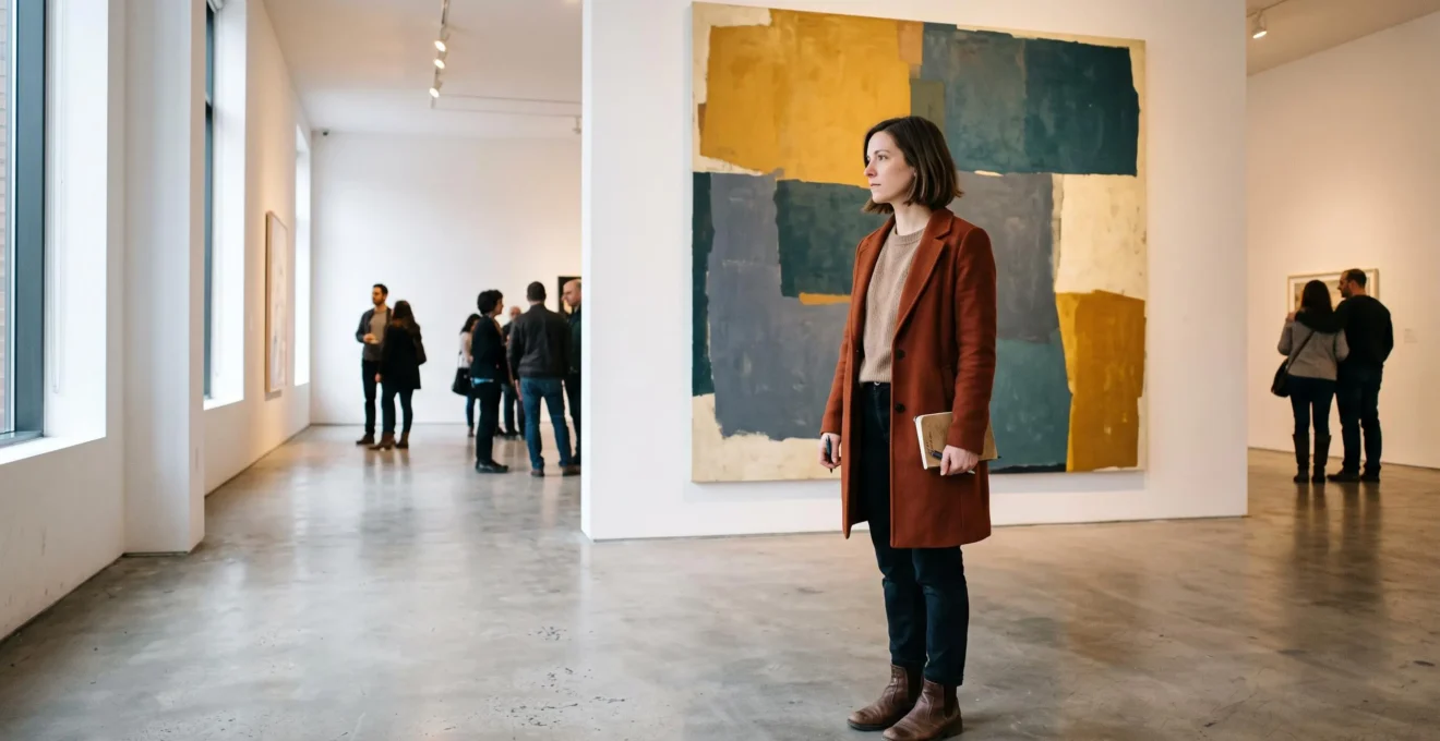 Une visiteuse observe une grande peinture abstraite dans une galerie d'art contemporain à Montréal, un carnet à la main.